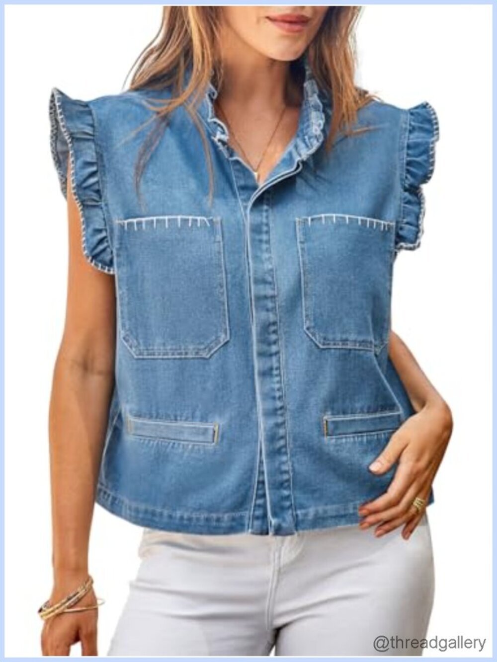 Womens Denim Vest Ruffle Sleeve Cropped Jean Vest Sleeveless Jacket Button Front